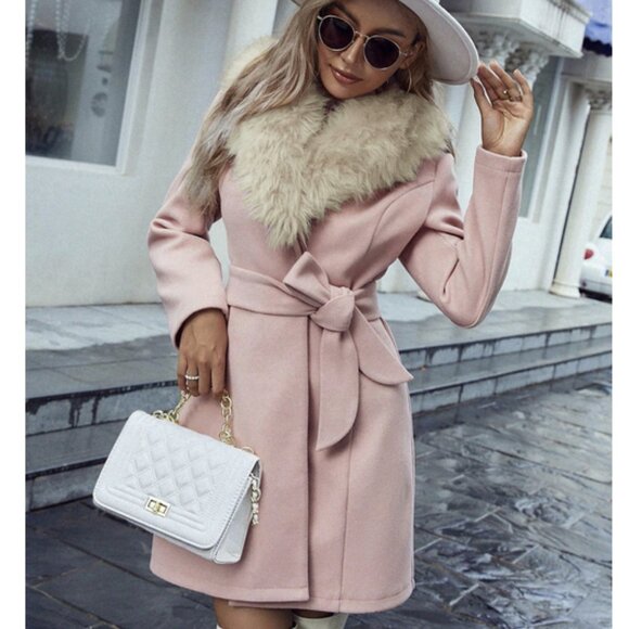 Faux Fur Trimmed Trench Coat Pink